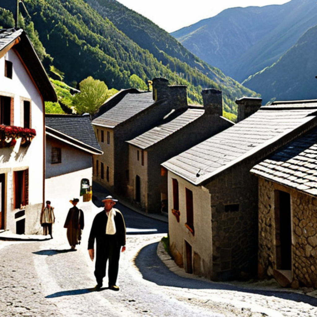 A serene yet subtly tense depiction of an early 20th-century Andorran village nestled within the imposing Pyrenees mountains. Traditional stone houses with slate roofs, narrow winding streets, and a few local men in period attire gathered in small, earnest groups, their expressions hinting at deep discussions and aspirations for change. The light should be dramatic, perhaps with shadows that convey the 'silent crater' of simmering discontent and the dawn of a new era, subtly contrasting the ancient setting with an underlying sense of quiet revolution. The atmosphere should evoke a sense of historical transition, balancing the enduring beauty of the landscape with the internal yearning for reform and modernity.
