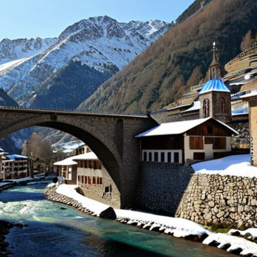 **Prompt 1: Andorran Mountain Resilience & Adaptation**
    "A majestic, wide-angle view of an ancient Andorran village nestled deep within the snow-capped Pyrenees mountains. Traditional, sturdy stone houses and a historic church stand resiliently against the harsh mountain elements. Subtle visual cues of modern, sustainable infrastructure are integrated seamlessly, like a newly built, flood-resistant bridge spanning a clear mountain stream, or a discreet early warning sensor on a hillside. The scene should convey a sense of enduring strength, quiet adaptation, and the harmonious coexistence of human settlement with powerful nature. Emphasize the unique rugged beauty of the Andorran landscape, with a serene yet powerful atmosphere. Photorealistic, high detail, golden hour lighting."