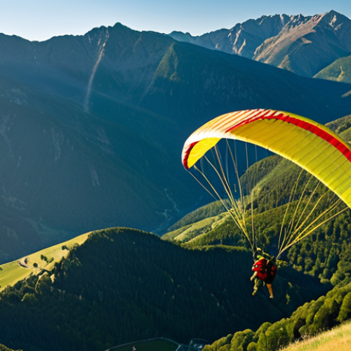 Paragliding in Andorra**

"A fully clothed paraglider soars over the Andorran Pyrenees mountains, bathed in golden sunlight. The paraglider wears appropriate safety gear. Below, a lush green valley stretches out. Perfect anatomy, correct proportions, natural pose, well-formed hands, proper finger count. Safe for work, appropriate content, professional photography, high quality, family-friendly."

**