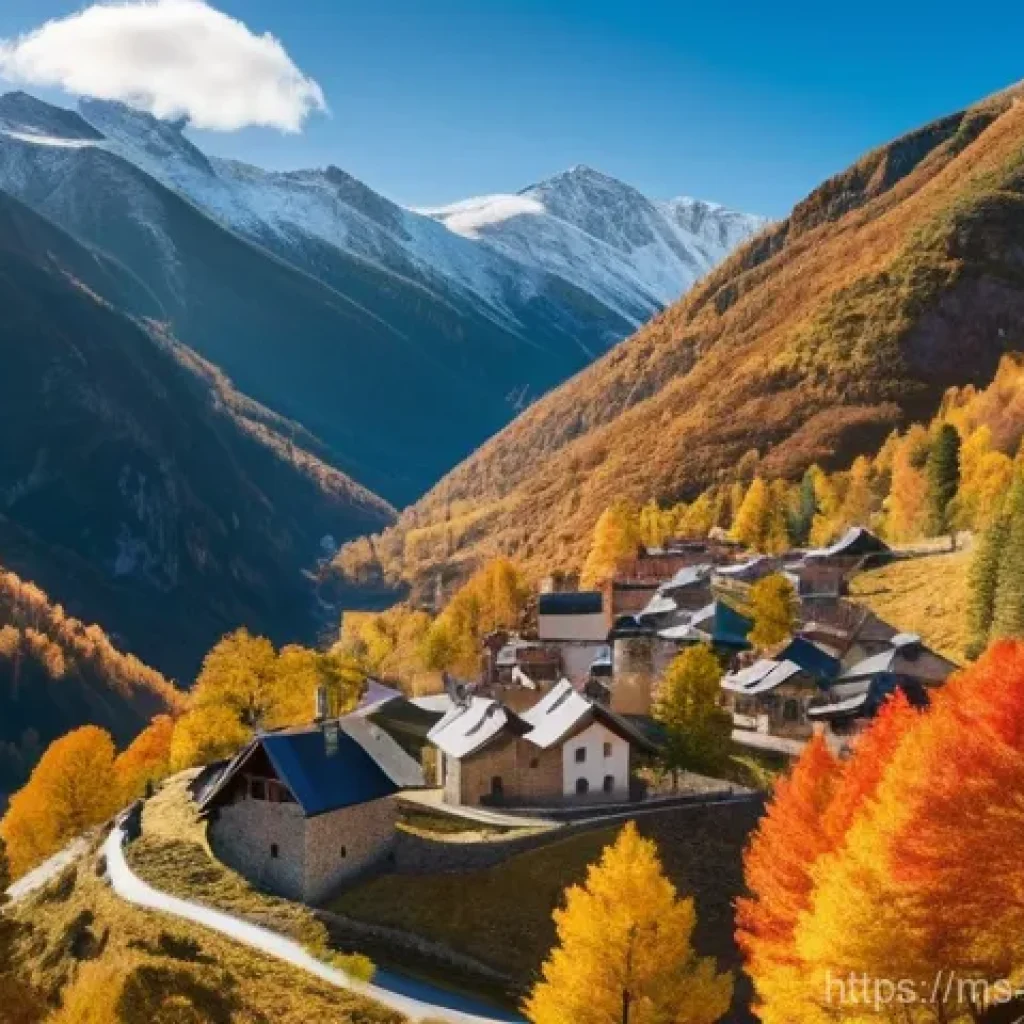 안도라 날씨 및 기후 - **Andorra Autumn Mountain View:** A breathtaking wide-angle shot of the Pyrenees mountains in Andorr...