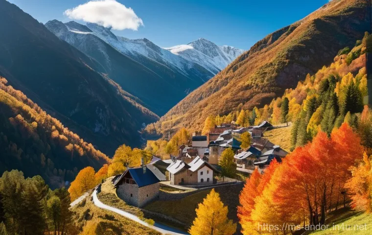 안도라 날씨 및 기후 - **Andorra Autumn Mountain View:** A breathtaking wide-angle shot of the Pyrenees mountains in Andorr...